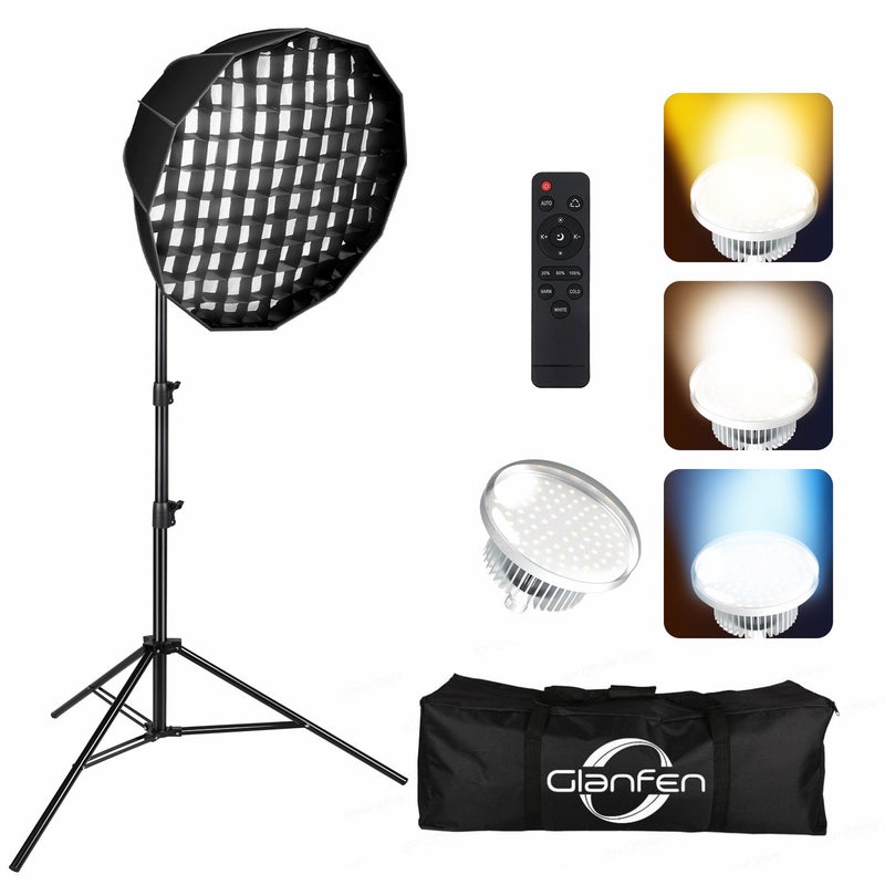 غرانفين طقم إضاءة استوديو تصوير، صندوق إضاءة LED مكافئ قابل للتعتيم بقدرة 480 واط مع جهاز تحكم عن بعد، مؤشر تجسيد اللون 85+، 3 درجات حرارة لونية (3000 كلفن - 6500 كلفن)، حامل إضاءة بطول مترين وإضاءة عن بعد لتصوير الصور والفيديوهات والصور الشخصية والمنتجات والبث المباشر. - Image 1