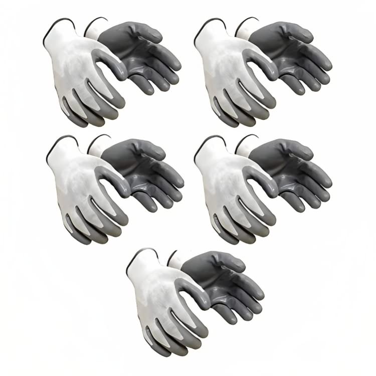 SR Trends Anti-Cut Premium Full Fingered Nitrile Coated Nylon Safety Hand Gloves (Grey & White) (5 Pair)  - Image 1