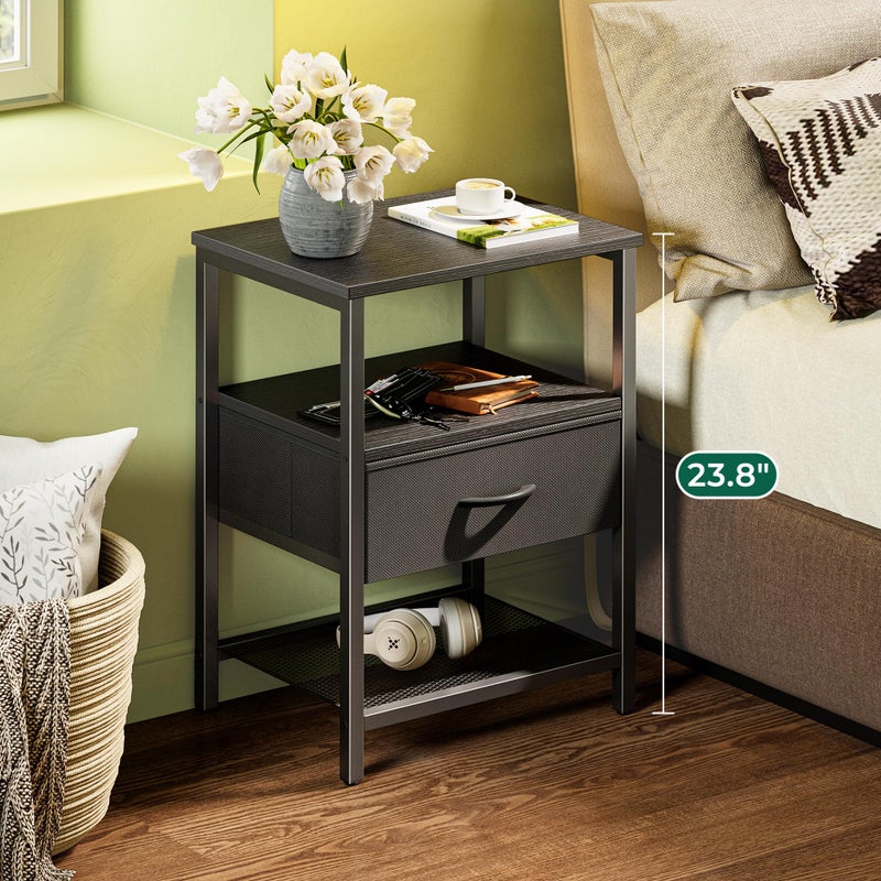 Huuger Nightstand Set of 2, Night Stand with Fabric Drawer, Mesh Shelf, Side Table with Storage, Fabric Drawer Dresser, Open Shelf, Metal Frame, Bedroom, Black - Image 2