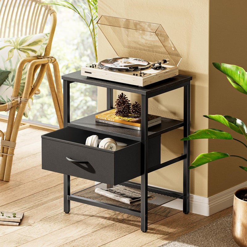 Huuger Nightstand Set of 2, Night Stand with Fabric Drawer, Mesh Shelf, Side Table with Storage, Fabric Drawer Dresser, Open Shelf, Metal Frame, Bedroom, Black - Image 3