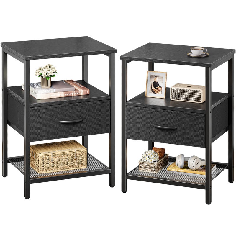 Huuger Nightstand Set of 2, Night Stand with Fabric Drawer, Mesh Shelf, Side Table with Storage, Fabric Drawer Dresser, Open Shelf, Metal Frame, Bedroom, Black - Image 1