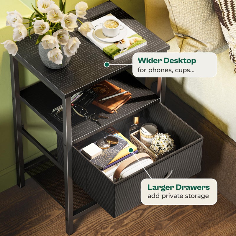 Huuger Nightstand Set of 2, Night Stand with Fabric Drawer, Mesh Shelf, Side Table with Storage, Fabric Drawer Dresser, Open Shelf, Metal Frame, Bedroom, Black - Image 5