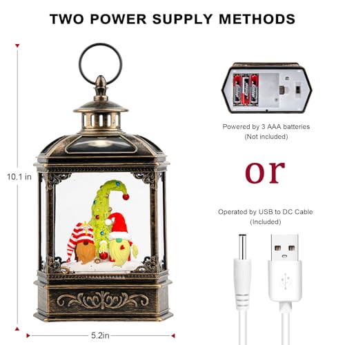 VISFLAIR Musical Snow Globe Lantern Lighted Whimsical Christmas Tree Gnomes Scandinavian Santa Elf Water Lantern with Swirling Glittering Home Decoration and Gift Battery Operated or USB Powered - Image 3