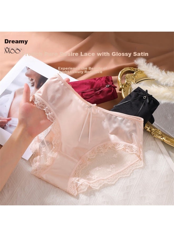 Moonbadi Women's Underwear 3-pack Satin Half-transparent Hollow Lace Silk Bottom Crotch Triangle Panties - Image 2