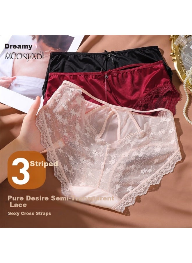 Moonbadi Women's Underwear 3-pack Satin Half-transparent Hollow Lace Silk Bottom Crotch Triangle Panties - Image 1