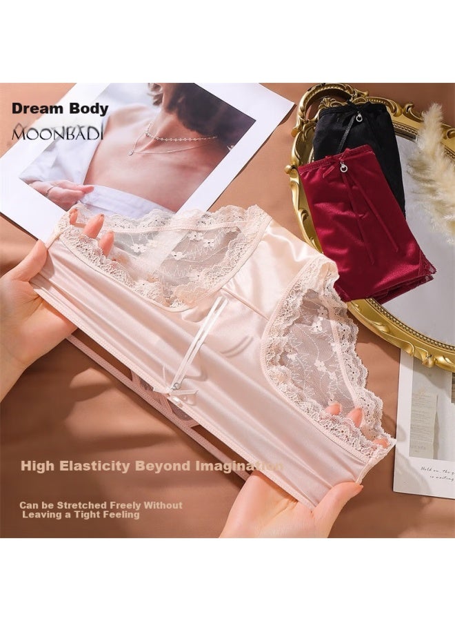 Moonbadi Women's Underwear 3-pack Satin Half-transparent Hollow Lace Silk Bottom Crotch Triangle Panties - Image 3