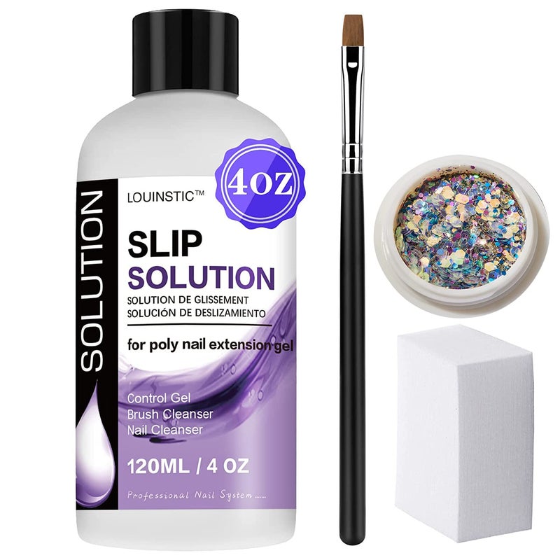 LOUINSTIC Slip Solution for Poly Extension Gel - 4oz, Professional Nail Extension Gel Anti-Stick Liquid, Cleanable Nail Brush Cleaner, Easy to Use, Beginner-Friendly - Image 1