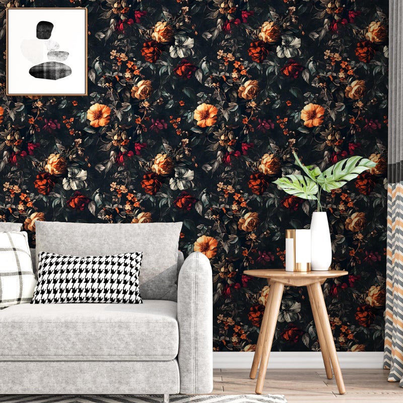 VOLEAAR Vintage Floarl Wallpaper Peel and Stick, Black Dark Moody Garden Flower Self Adhesive Removable Wallpapers for Bedroom Powder Room Cabinet, Vinyl Witchy Contact Paper Wall Art 17.5In x 118In - Image 2