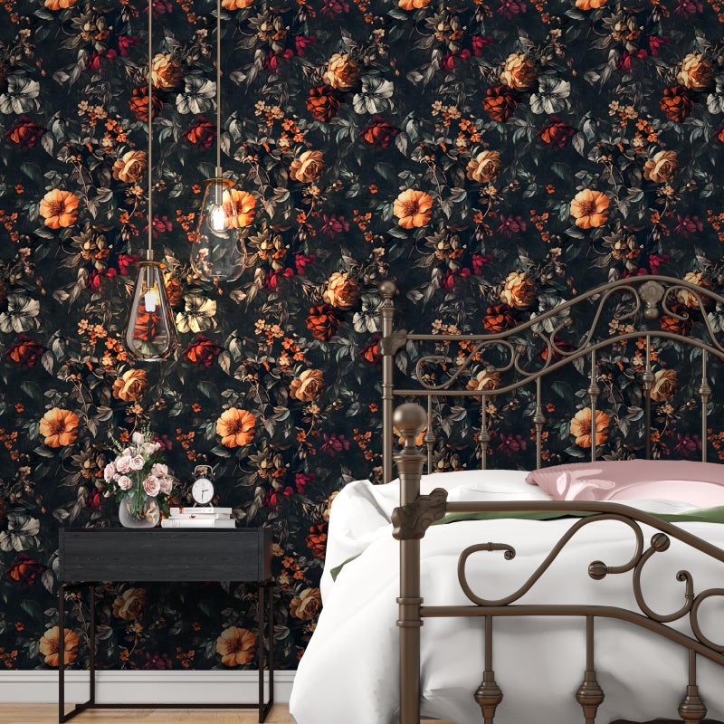 VOLEAAR Vintage Floarl Wallpaper Peel and Stick, Black Dark Moody Garden Flower Self Adhesive Removable Wallpapers for Bedroom Powder Room Cabinet, Vinyl Witchy Contact Paper Wall Art 17.5In x 118In - Image 4