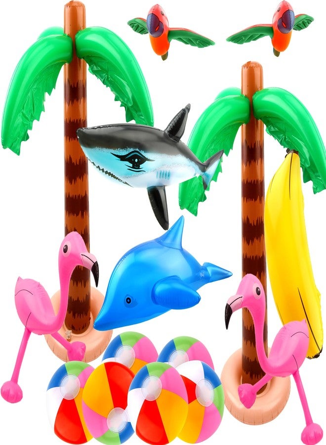 Cotiny 16 Pack Inflatable Palm Flamingo Tree Beach Ball Parrot Sharks Pool Party Toys Giant Tropical Inflatable Toys for Hawaiian Swimming Pool Decor Outdoor Activities - Image 1