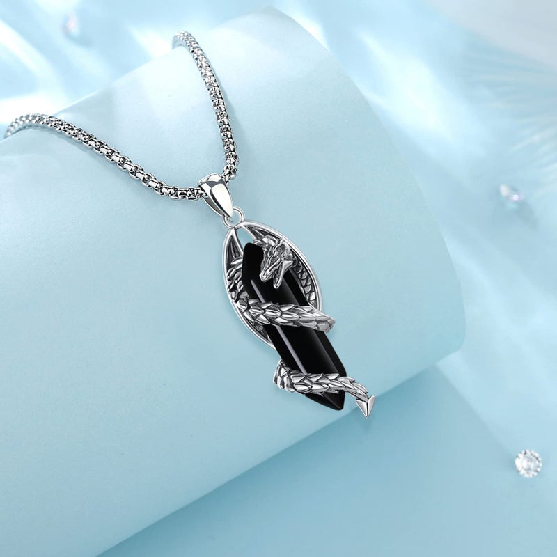 Vito Dragon Pendant Necklace for Women Men, Hexagonal Obsidian Prism Healing Crystal Energy Amulet Jewelry Gift for Wife Husband, Stainless Steel Box Chain 20" Plus 2" Extender+ 24" Cord - Image 2