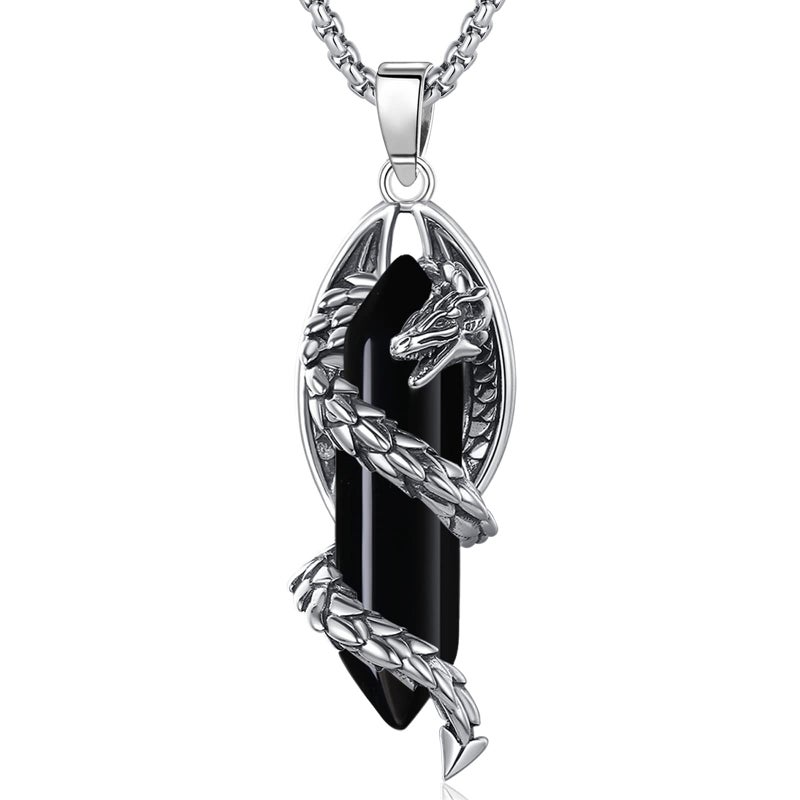 Vito Dragon Pendant Necklace for Women Men, Hexagonal Obsidian Prism Healing Crystal Energy Amulet Jewelry Gift for Wife Husband, Stainless Steel Box Chain 20" Plus 2" Extender+ 24" Cord - Image 1