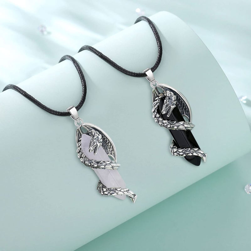 Vito Dragon Pendant Necklace for Women Men, Hexagonal Obsidian Prism Healing Crystal Energy Amulet Jewelry Gift for Wife Husband, Stainless Steel Box Chain 20" Plus 2" Extender+ 24" Cord - Image 3