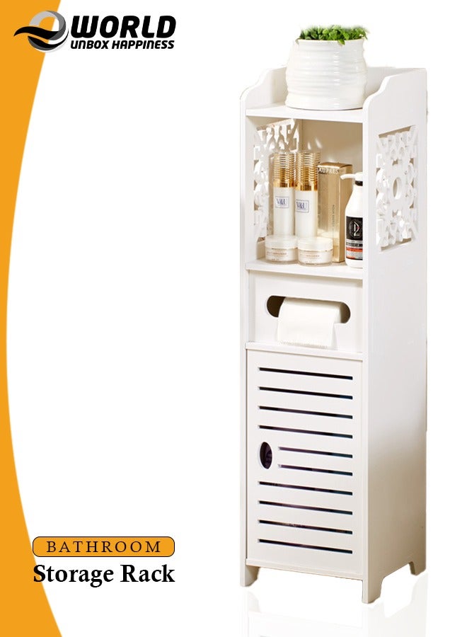 Eworld Waterproof White PVC Floor Cabinet Organizer, Stylish Storage Solution Featuring Shelves, Drawer, Tissue Holder, and Door for Bathroom, Kitchen, Living Room, or Bedroom Accessories - Image 1