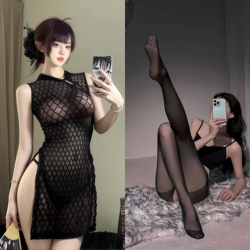 Sexy lingerie, see-through cheongsam, alluring uniform, pure and fiery, sexy slit-front sleepwear set - Image 1