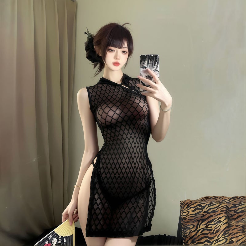 Sexy lingerie, see-through cheongsam, alluring uniform, pure and fiery, sexy slit-front sleepwear set - Image 4