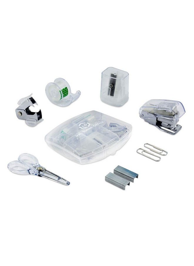 LD - Products Clear Mini Office Supply Kit Portable Case With Scissors Paper Clips Tape Dispenser Set Pencil Sharpener Mini Stapler With Staples And Staple Remover - Image 1