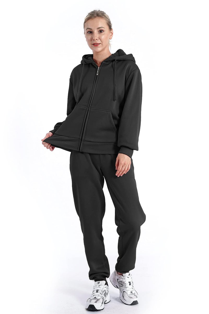 Facitisu Track Suits for Women Set Sherpa lined Casual 2 Piece Outfits Sweatsuit Medium Black - Image 2