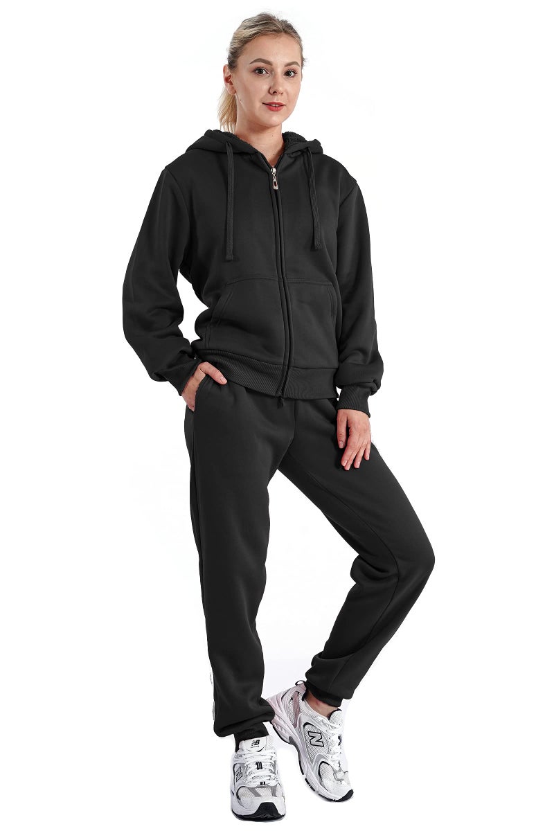 Facitisu Track Suits for Women Set Sherpa lined Casual 2 Piece Outfits Sweatsuit Medium Black - Image 1