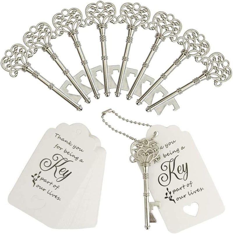 WODEGIFT 100 PCS Wedding Favors Bottle Opener,Wedding Gifts for Guest Vintage Skeleton Key Opener,Key Openers with Escort Tag Cards and Chains (Silver) - Image 1