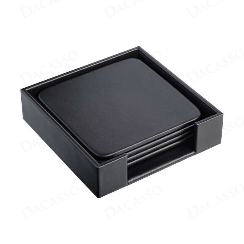 Dacasso 4 Coaster Set Square Classic Black Leather Luxury Executive Decor and Desk Surface Protector