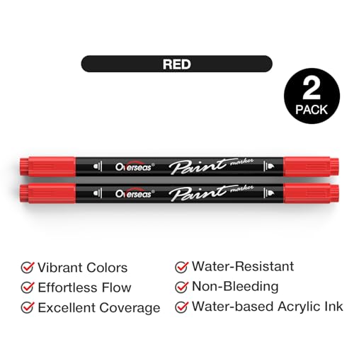 Overseas Red Acrylic Paint Markers, 2 Pack Dual Tip Paint Pens Acrylic Markers with Dot and Brush Tip, Coloring Marker for Wood, Rock, Canvas, Glass, Metal, Ceramic, Plastic, Fabric, School Supplies - Image 2