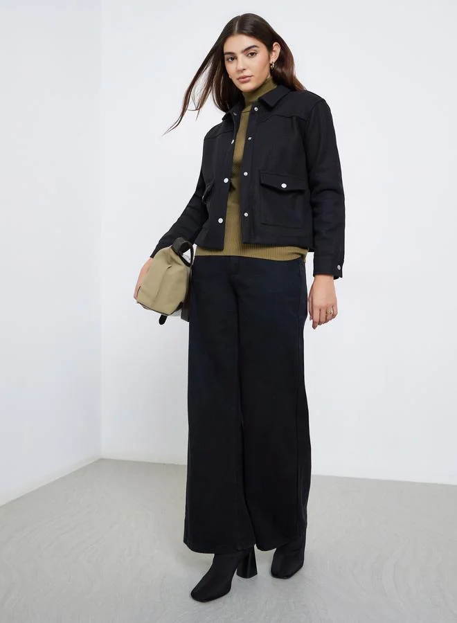 Styli Styli Black Regular Fit Buttoned Trucker Jacket