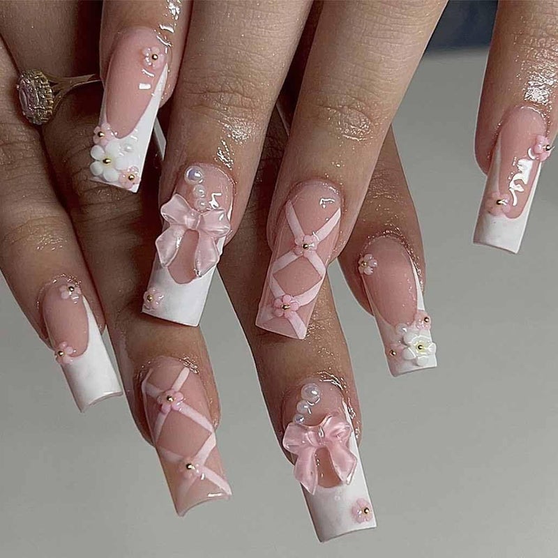 Foccna Press on Nails Medium Long Rhinestone Pink Fake Nails Square Bling Glossy 3D Flower False Nail Tips Artificial Nails Finger Manicure for Women and Girls-24pcs - Image 1