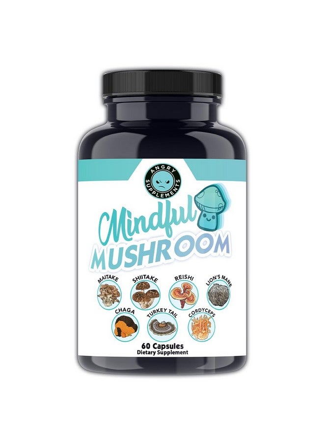 Angry Supplements Mindful Mushrooms Capsules - 7in1 Premium Health Shroom Blend of Maitake, Shiitake, Reishi, Turkey Tail, Cordyceps, Lions Mane and Chaga Mushrooms (60ct) - Image 1