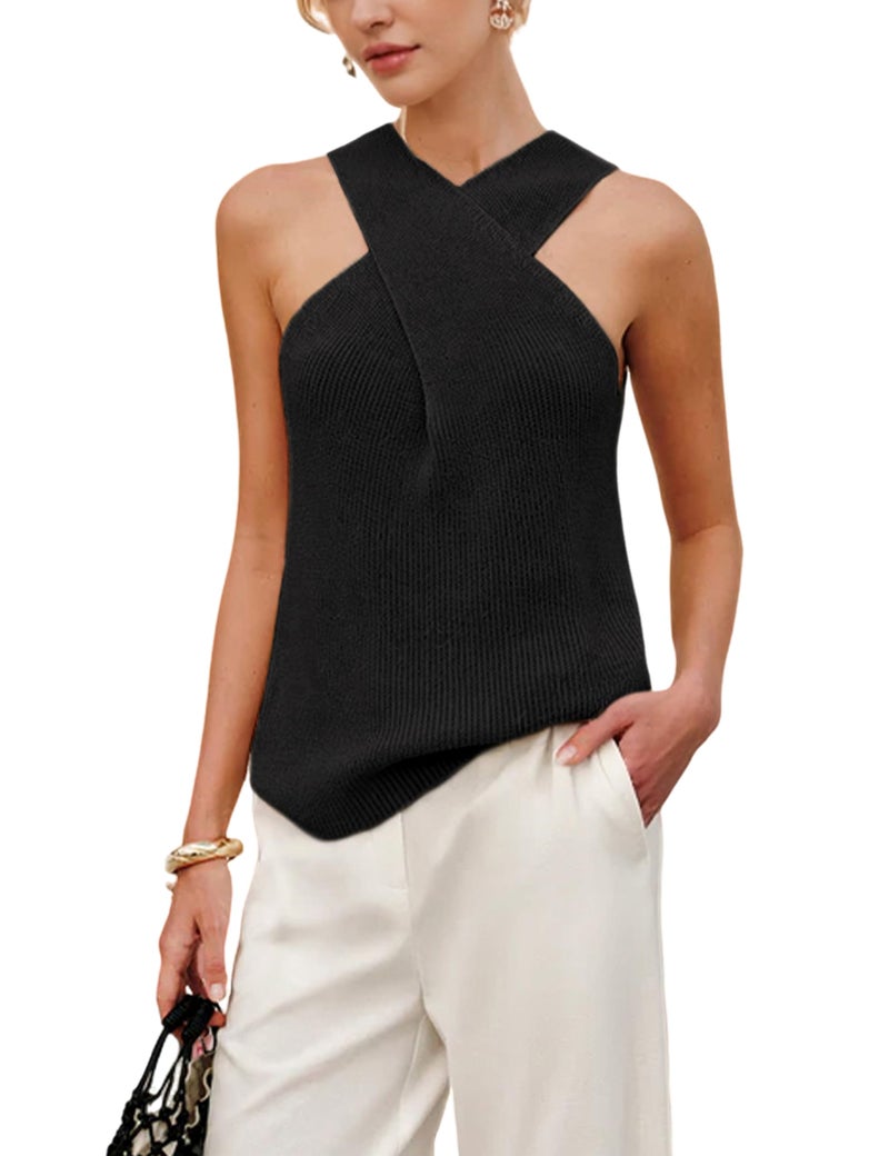 Yeokou Women Halter Cross Over Collar Tank Knit Sleeveless Top Solid Color Casual Summer Blouse(Black-S) - Image 1
