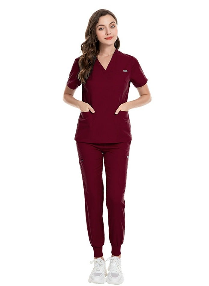 Loquat Medical Uniform Scrubs Set Medical Scrubs Solid Color 2 Piece Set Top and Pants Suit Wine Red - Image 1