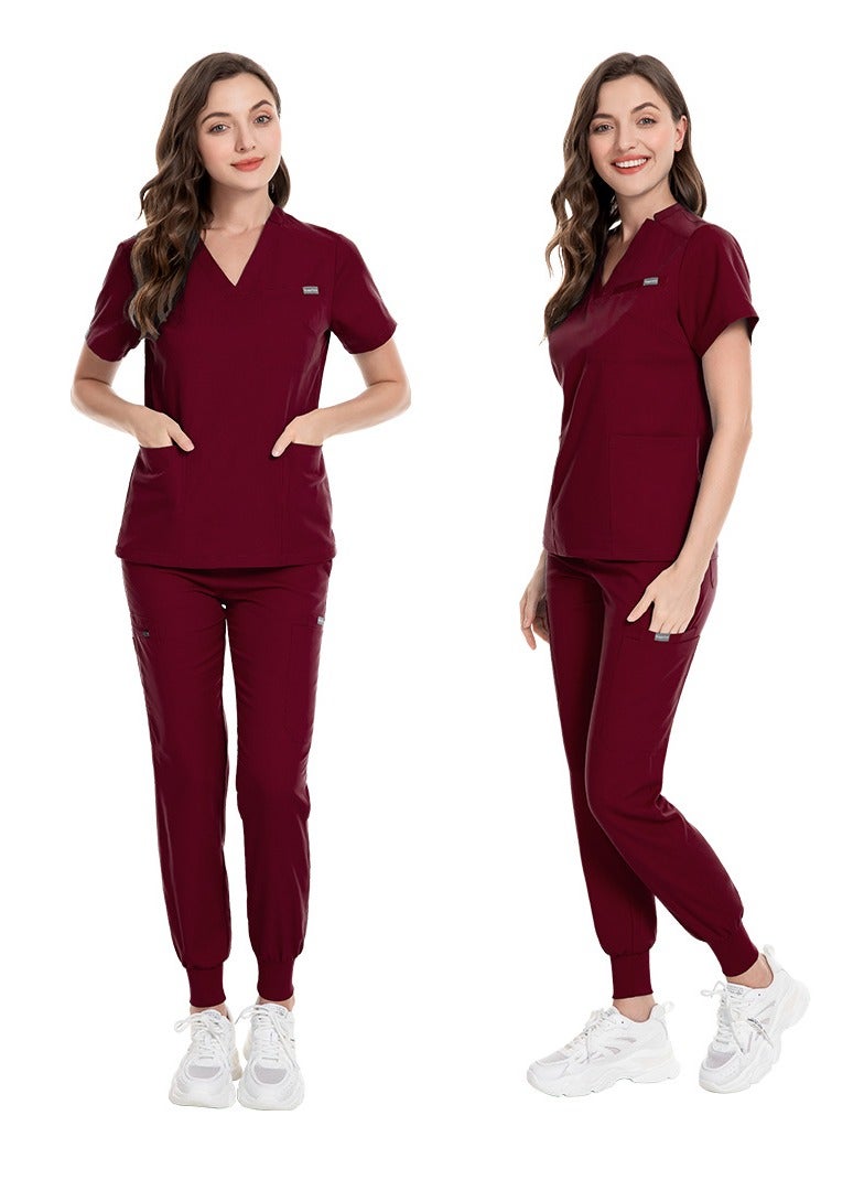 Loquat Medical Uniform Scrubs Set Medical Scrubs Solid Color 2 Piece Set Top and Pants Suit Wine Red - Image 2
