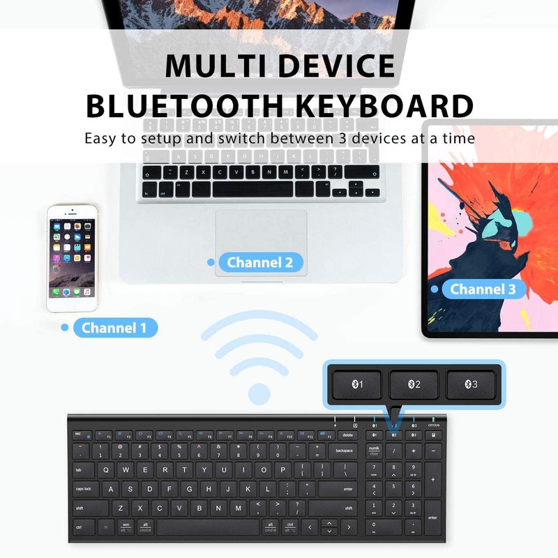 iClever لوحة مفاتيح بلوتوث BK10، لوحة مفاتيح لاسلكية لماك، تبديل سهل بين عدة أجهزة تصل إلى 3 أجهزة، لوحة مفاتيح مدمجة وصامتة رفيعة لويندوز، لابتوب، آيفون، آيماك، سطح المكتب، كمبيوتر شخصي، أسود - Image 2