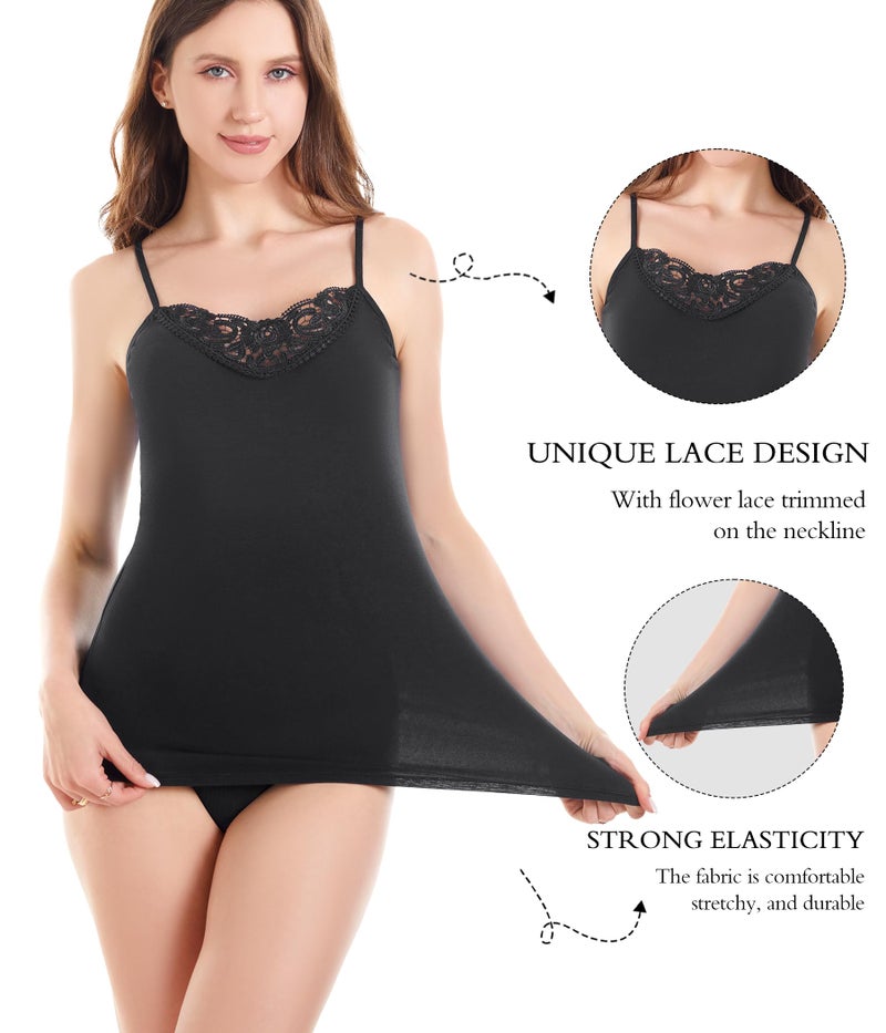 POWER UNICO FLOWER Womens Tank Top Camisoles with Premium Cotton Italian Design - Trimmed with Flower Lace on Neckline (928-Black, XXL) - Image 2