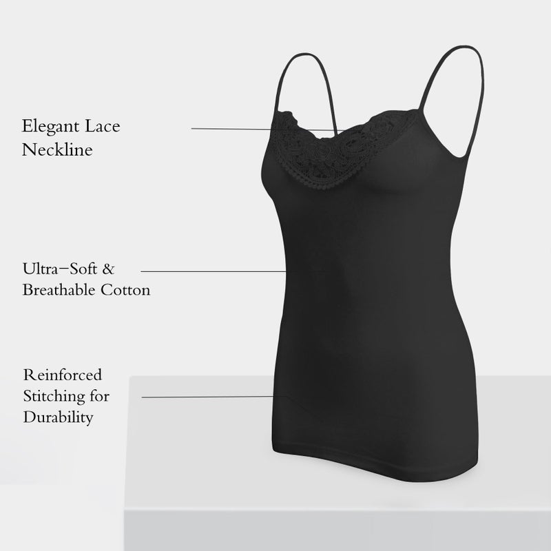 POWER UNICO FLOWER Womens Tank Top Camisoles with Premium Cotton Italian Design - Trimmed with Flower Lace on Neckline (928-Black, XXL) - Image 5