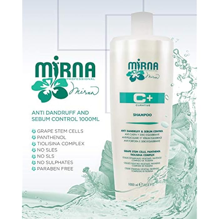 Mirna Professional Anti Dandruff and Grease Control Shampoo. Made with Grape Stem Cells, Tiosilina Complex and Wheat Hydrolyzed Proteins for daily use on oily scalp and hair 1000ml / 33.8oz - Image 2