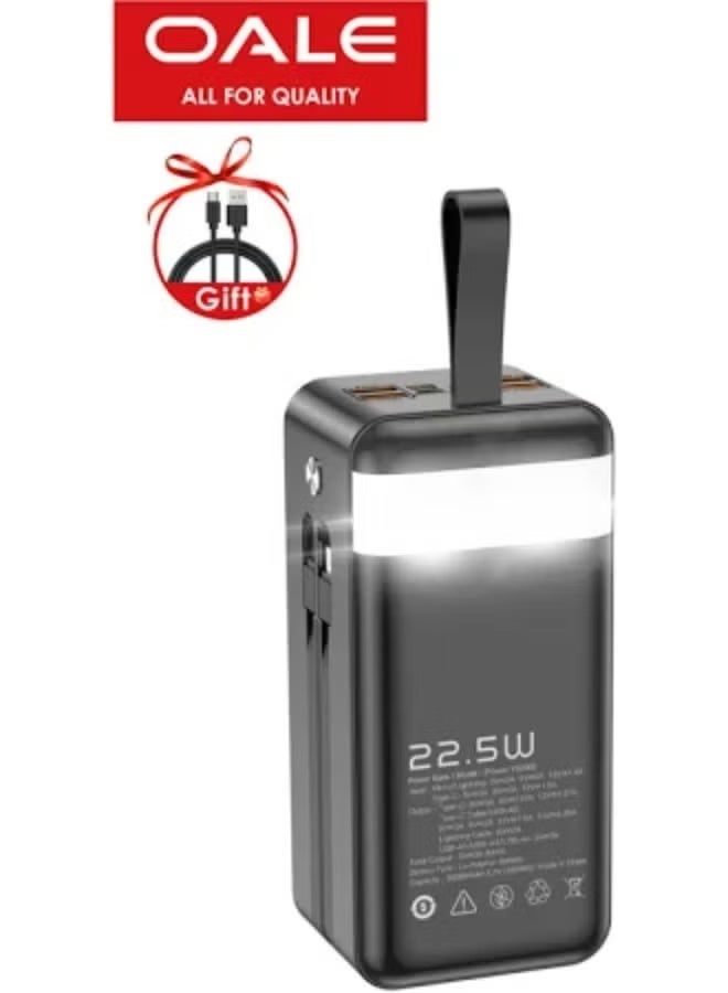 OALE 50000mAh Power Bank with 22.5W Fast Charging, 4 Built-In Interchangeable Cables, 4 Ports (2 USB + 2 Type-C), LCD Display, Emergency LED Lamp – Portable Outdoor Backup Battery (Black) - Image 4