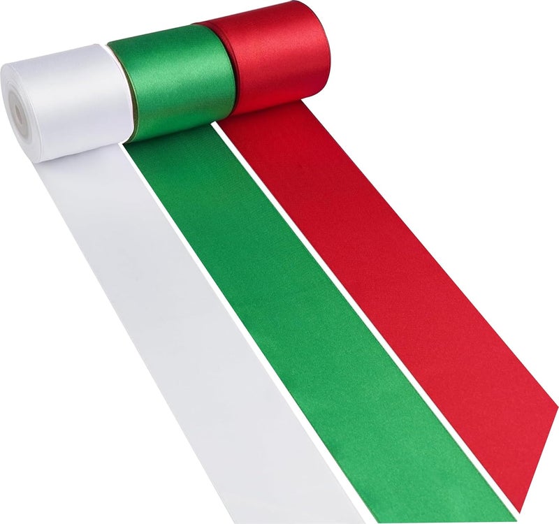 IMPRINT Decorative Satin Ribbon 2 Inch Wide and 10 Meter in Length Green Red White Solid Satin Ribbon for Flower Bouquet Crafts Gift Wrapping Bridal Invitations Hair Festival and Party Decorations Set of 3 - Image 1