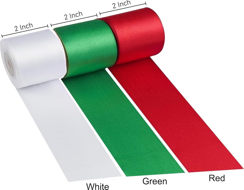 IMPRINT Decorative Satin Ribbon 2 Inch Wide and 10 Meter in Length Green Red White Solid Satin Ribbon for Flower Bouquet Crafts Gift Wrapping Bridal Invitations Hair Festival and Party Decorations Set of 3 - Image 2