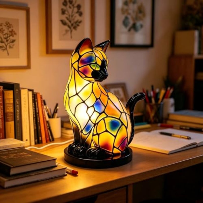 Cat Lamp, Cats Series Art Night Light, Retro Stained Resin Tabletop Night Light, 3D Cute Pet LED Table Lamps, Fun Gift for Cats Lover C - Image 2