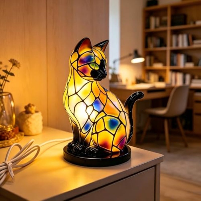Cat Lamp, Cats Series Art Night Light, Retro Stained Resin Tabletop Night Light, 3D Cute Pet LED Table Lamps, Fun Gift for Cats Lover C - Image 3