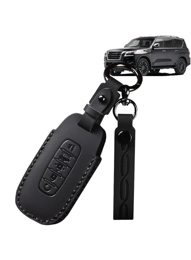 5 Buttons Premium Leather Key Fob Cover Protector Compatible with Nissan Patrol Y63 2025 2026 – Full Protection Key Case Shell with Keychain – Black - Image 1