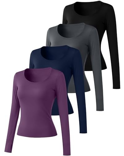 Yearntown 4 Pack Women's Workout Tops Long Sleeve Compression Shirts U Neck Slim Athletic Yoga Basic Shirt with Thumb Holes(Fuchsia, Navy Blue, Dark Gray, Black,Medium) - Image 3