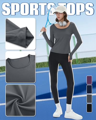 Yearntown 4 Pack Women's Workout Tops Long Sleeve Compression Shirts U Neck Slim Athletic Yoga Basic Shirt with Thumb Holes(Fuchsia, Navy Blue, Dark Gray, Black,Medium) - Image 4