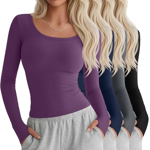 Yearntown 4 Pack Women's Workout Tops Long Sleeve Compression Shirts U Neck Slim Athletic Yoga Basic Shirt with Thumb Holes(Fuchsia, Navy Blue, Dark Gray, Black,Medium) - Image 1