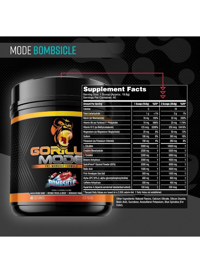 Gorilla Mind Mode Pre Workout - Massive Pumps · Laser Focus · Energy · Power - L-Citrulline, Creatine, L-Tyrosine, Betaine, Hydroprime®, Alpha-Gpc, 400Mg Caffeine, Huperzine A - 620G (Bombsicle) - Image 2