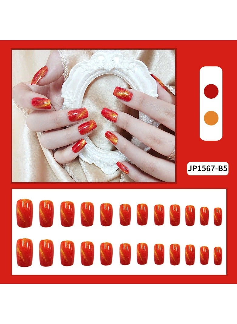 Goolsky Red Cat Eye Press On Nails Removable Magnetic Glossy Fake Nail Tips 24pcs 