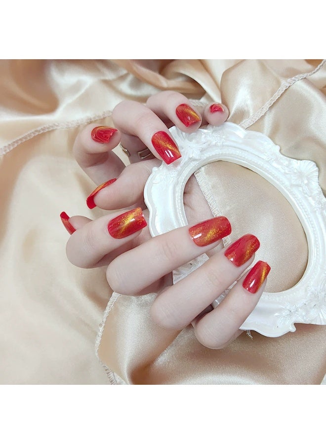 Goolsky أظافر صناعية حمراء على شكل عين القط - نصائح أظافر لامعة مغناطيسية قابلة للإزالة 24 قطعة، ملابس أنيقة لعيد الميلاد/المناسبات - Image 4