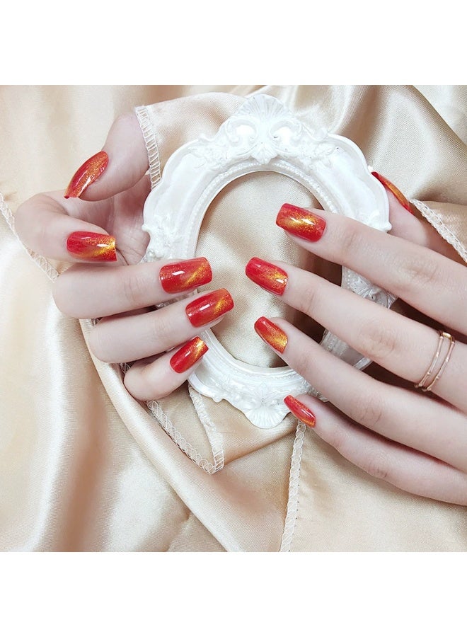 Goolsky أظافر صناعية حمراء على شكل عين القط - نصائح أظافر لامعة مغناطيسية قابلة للإزالة 24 قطعة، ملابس أنيقة لعيد الميلاد/المناسبات - Image 5