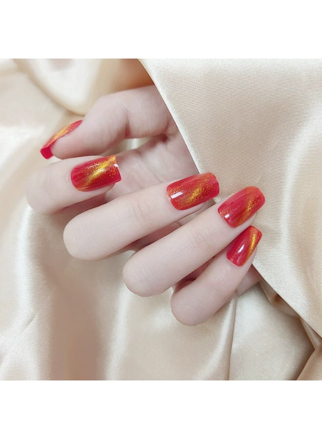 Goolsky أظافر صناعية حمراء على شكل عين القط - نصائح أظافر لامعة مغناطيسية قابلة للإزالة 24 قطعة، ملابس أنيقة لعيد الميلاد/المناسبات - Image 3